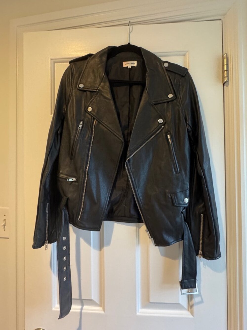 Sunset + Spring Black Faux Leather Moto Jacket with Embroidered Patches Size S - Picture 2 of 3